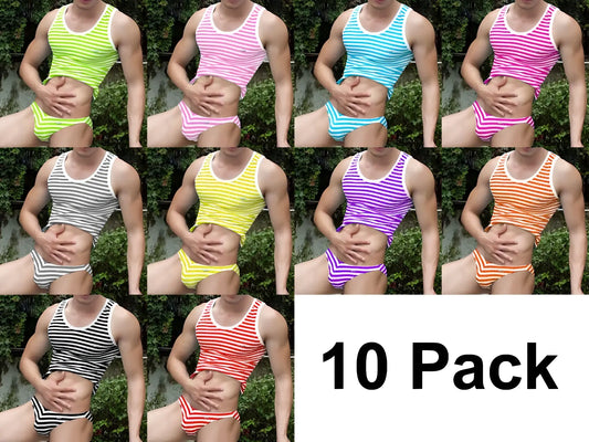 A set of ten vibrant sailor stripe matching tank tops and bikini briefs with snug fit and contrasting horizontal stripes by icker sea
