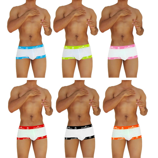 Icker Sea 6 pack fresh dots logo trim white boxer briefs with colorful elastic waistbands in assorted colors
