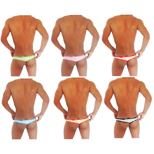 Six pairs of icker sea fresh dots logo trim brazilian thong underwear in white with colorful neon elasticated waistbands