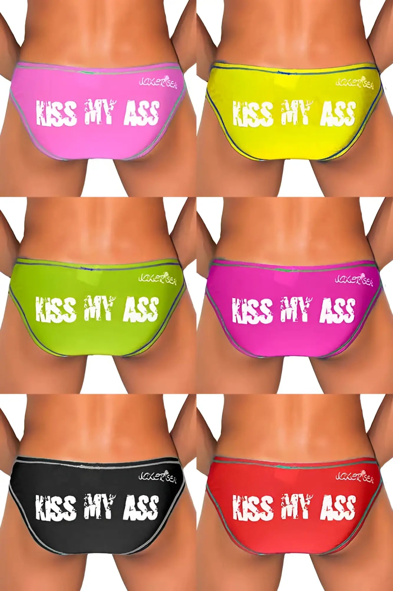 Icker Sea 7-pack glossy swim trunks featuring pink, neon yellow, lime, black, and red colors with white lettering.