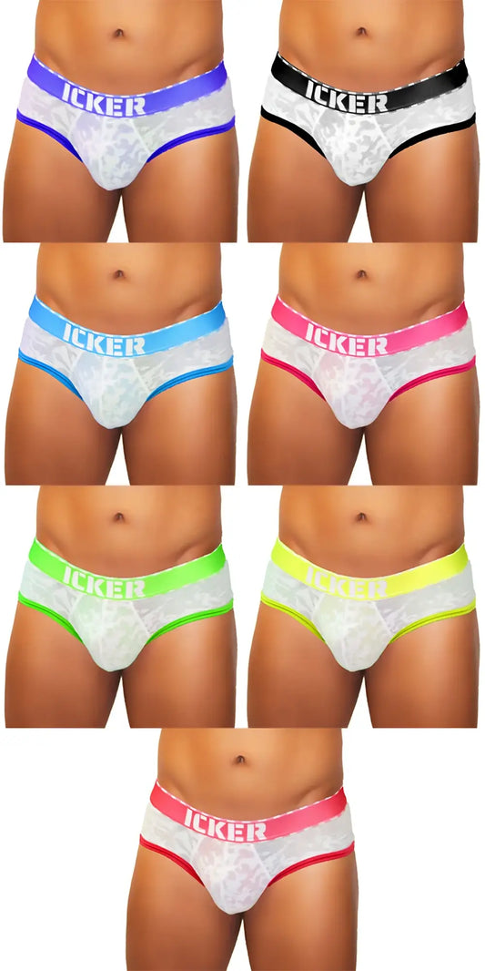 White lace briefs with colorful blue black pink neon green and yellow elastic waistbands acid mesh piping