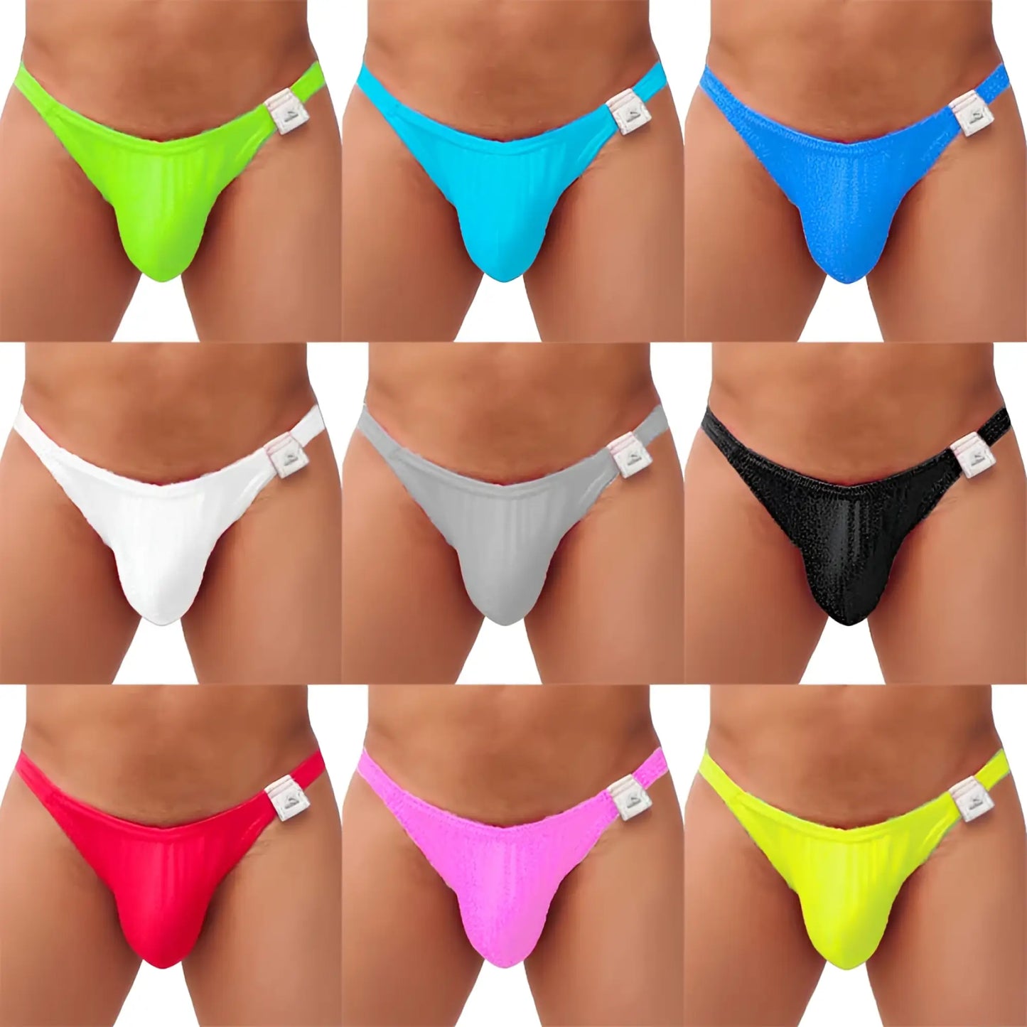 Icker sea 9 pack capri bikini underwear in shiny nylon thong style with neon green cyan blue royal blue and bright colors