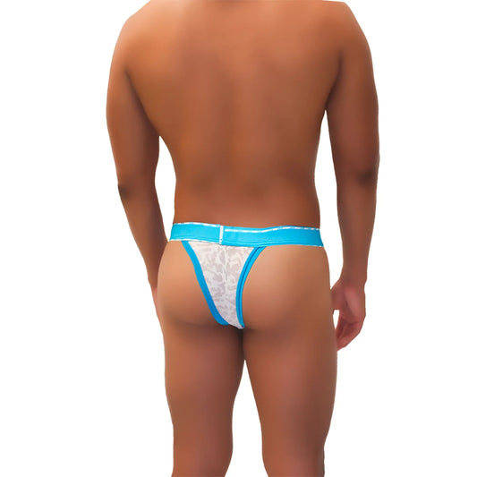 A bright blue lace-trimmed cheeky tanga bikini underwear with white patterned mesh and elastic waistband by Icker Sea