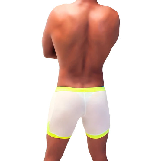 Icker Sea athletic white mesh briefs with neon yellow contrast trim designed for sporty comfort SHR-22-01