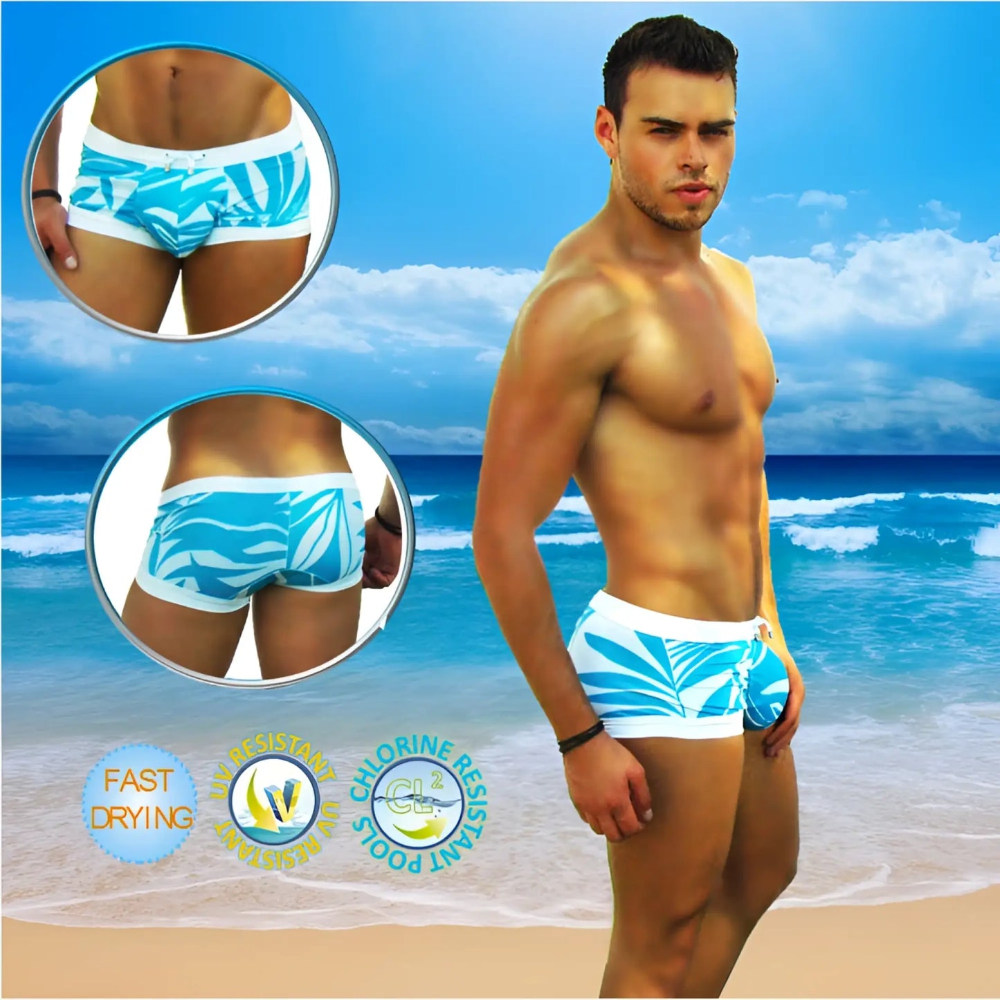 Icker Sea blue waves low square cut trunk swimwear with blue and white tropical leaf pattern for swim use