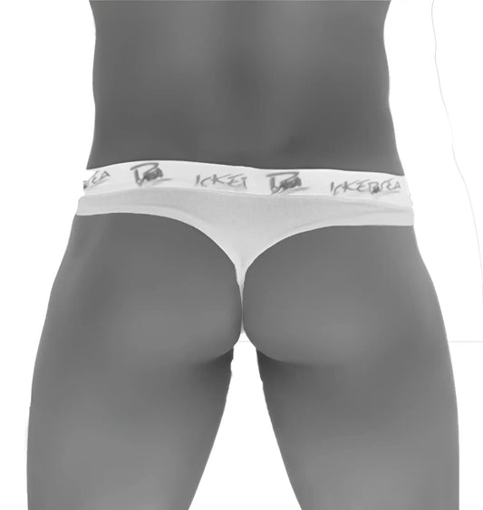 White icker sea brazilian tanga thong underwear with mango repeating logo waistband shown from back side