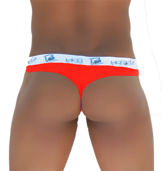 Bright red icker sea brazilian tanga thong underwear with white waistband and blue ikea branding, back side view