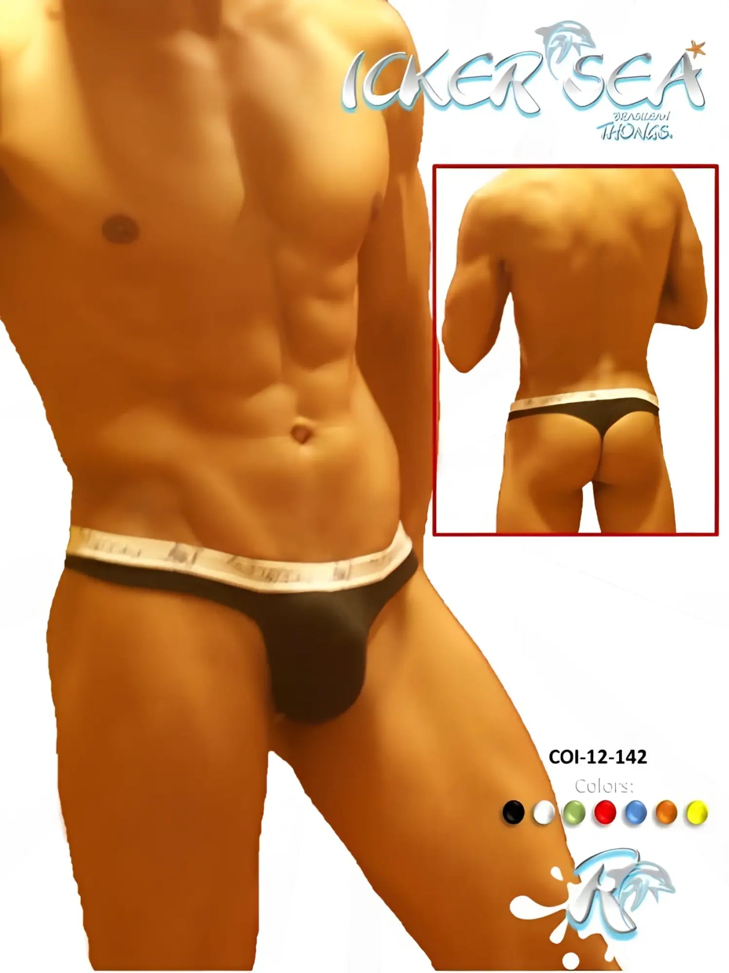 Black Brazilian thong underwear with white elastic waistband featuring icker sea brand logo model COI-12-142