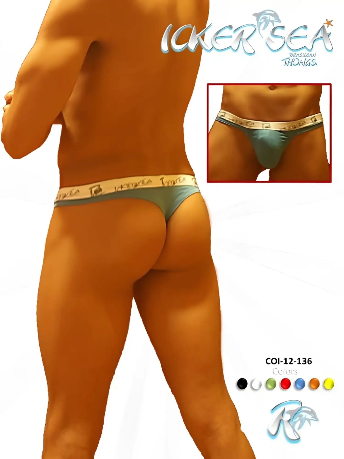 Icker sea Brazilian thong underwear in teal and beige patterned fabric with brand logo on waistband front side