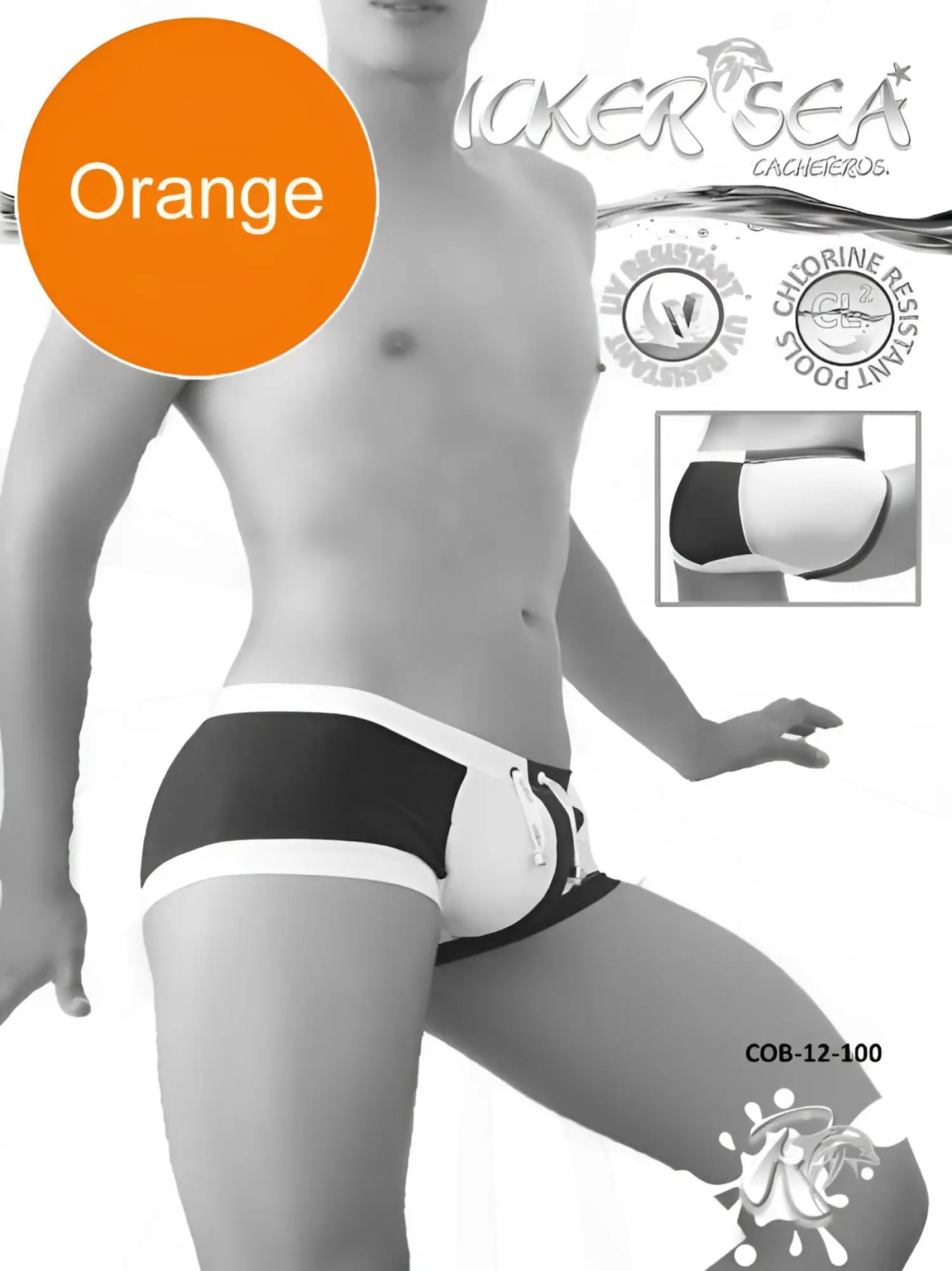 Black and white striped swim trunks with orange accent label from icker sea chess duotone square cut trunk swimwear