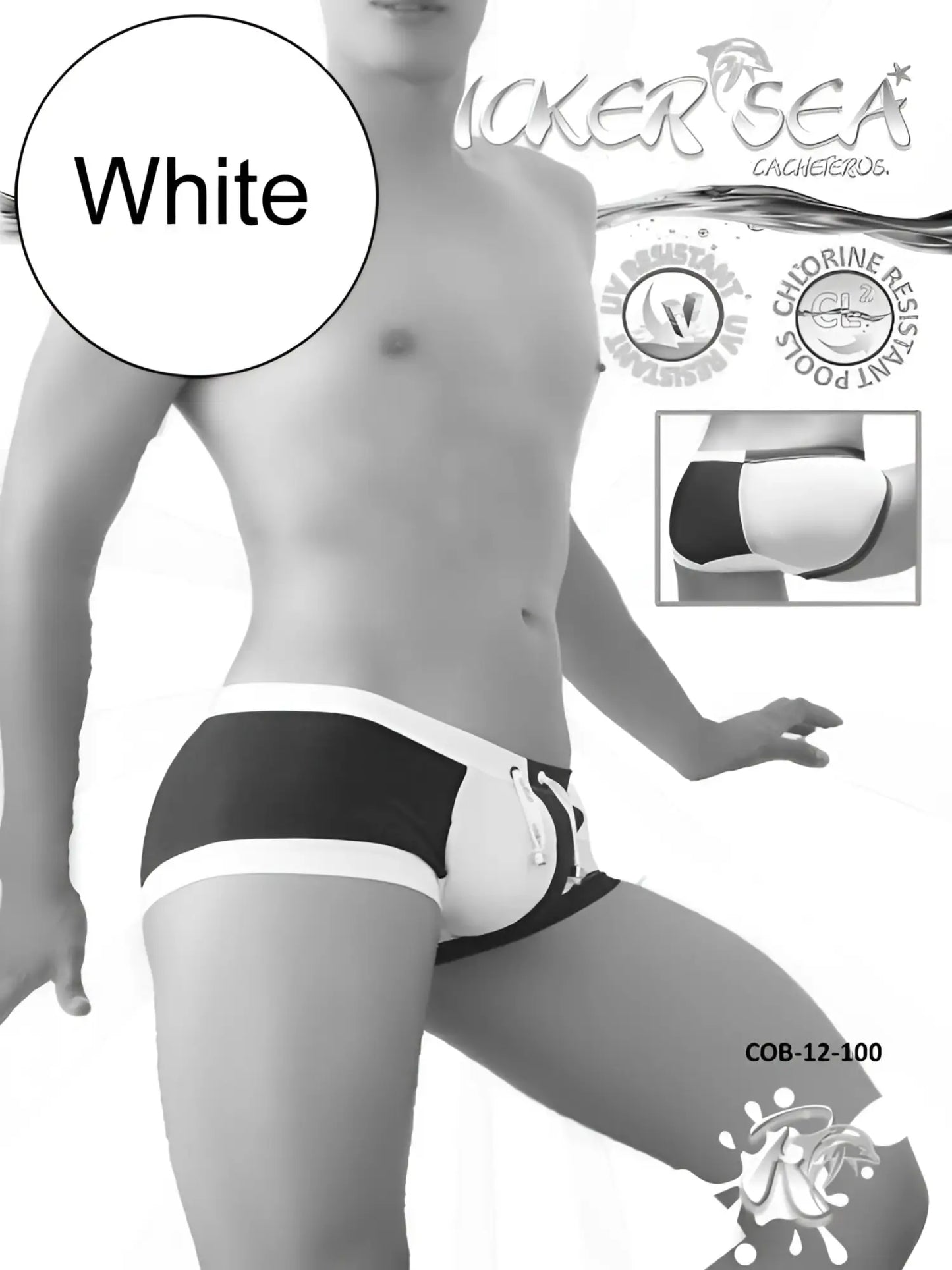 Icker Sea Chess Duotone square cut swim trunks in white and black with a drawstring waistband for men