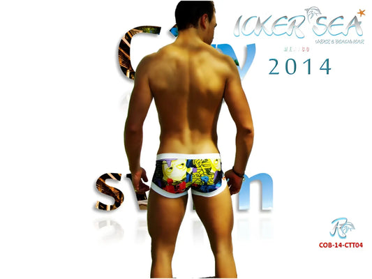 Icolorful comic-book-style swim trunks with white waistband in icker sea city low square cut trunk swimwear cobr-14-ctt04