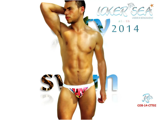 Icker sea city microslip bikini swimwear with vibrant colorful tropical patterned swim trunks and white waistband