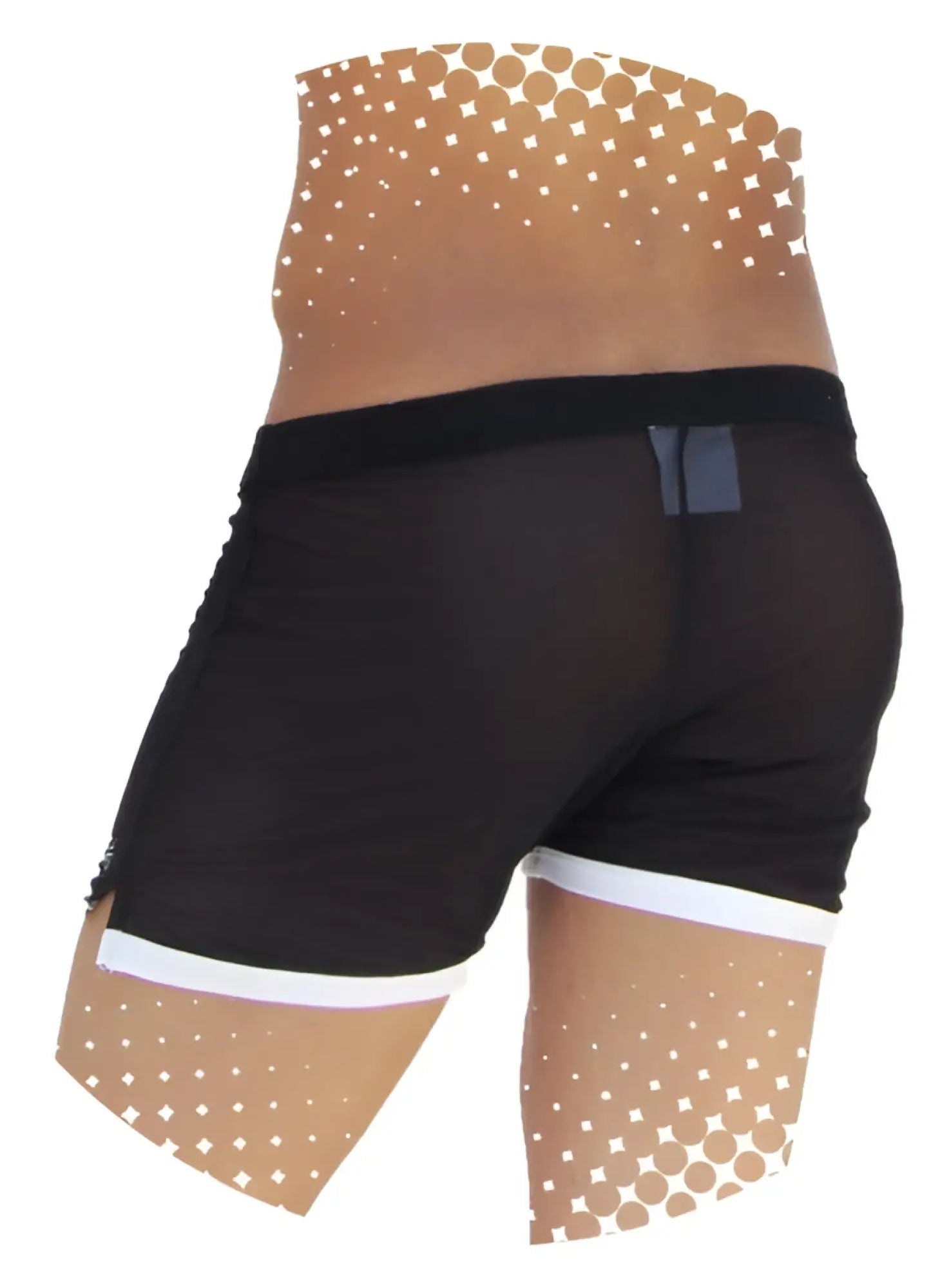 Icker Sea clarity mesh side slit shorts black with white trim and dotted pattern on legs in breathable fabric