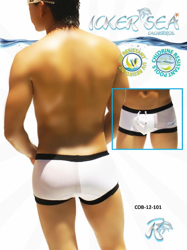 Icker Sea One Side Transparent Square Cut Trunk Swimwear White/Black COB-12-101