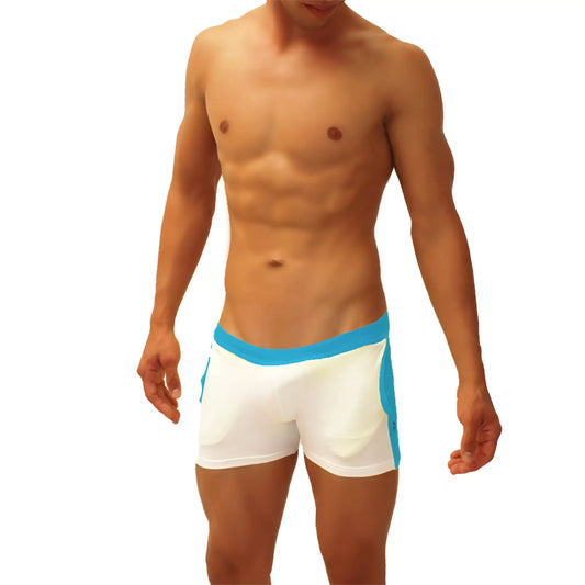 Icker Sea contrast side panel jock shorts in white and blue with snug fit and breathable athletic fabric