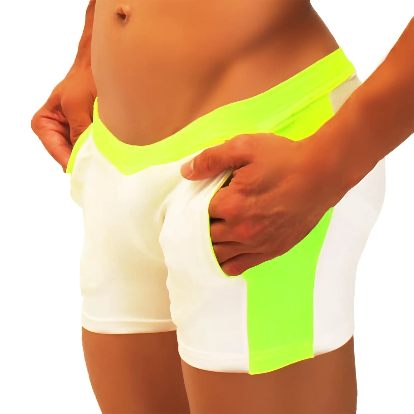 Icker Sea contrast side panel jock shorts in bright neon green and white with a bold color block design
