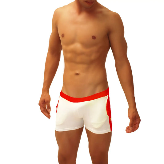 Icker sea white swim trunks with bold red waistband and side panels designed for sporty beachwear use