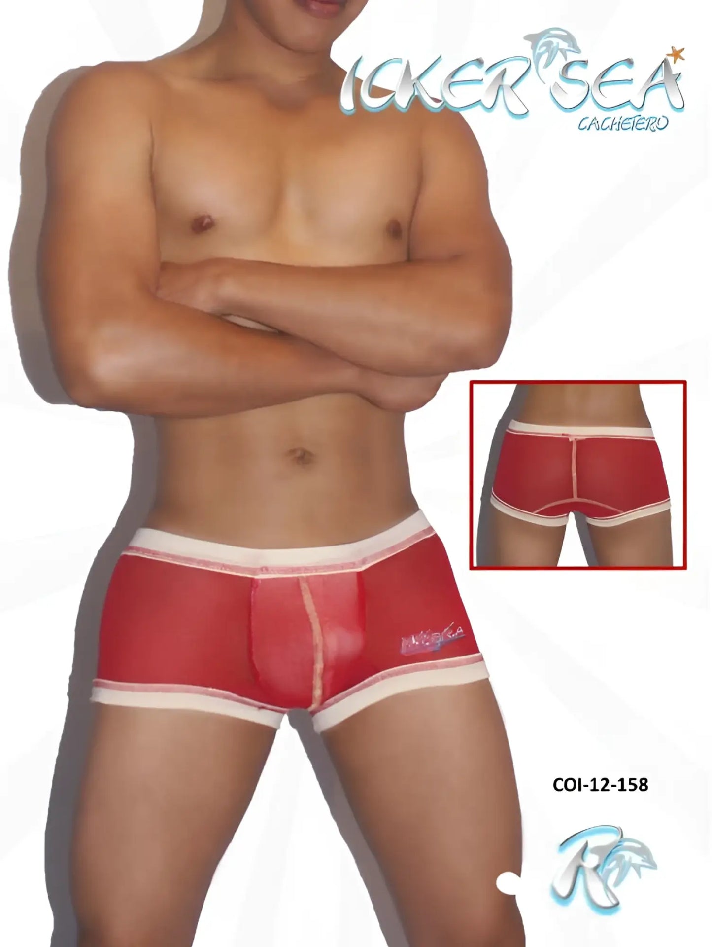 Red and white mesh boxer briefs by icker sea with contrast stitching and a snug fit featuring a subtle left hip logo
