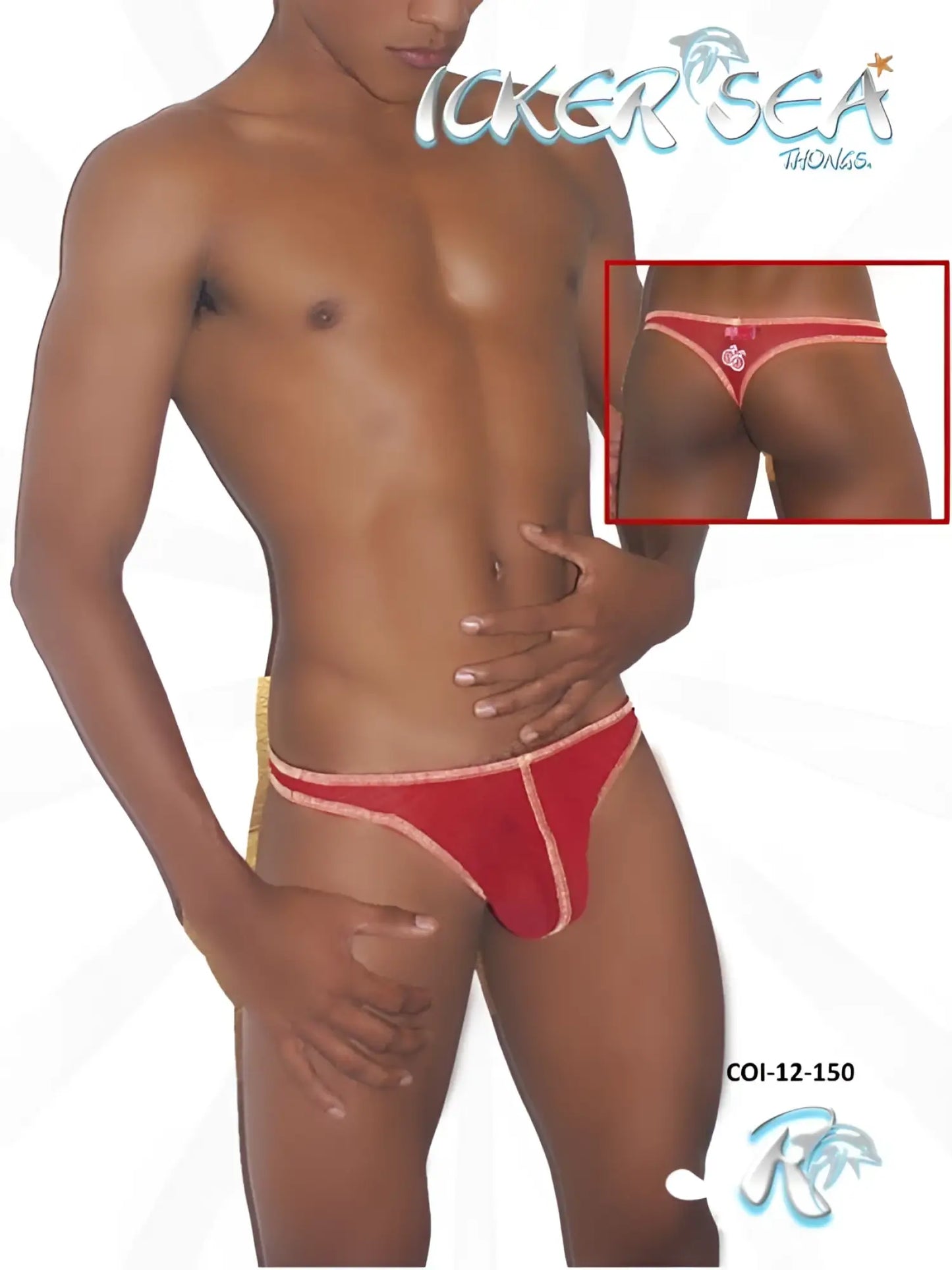 Back side of red icker sea contrast stitching mesh thong underwear with pink trim and heart-shaped embellishment