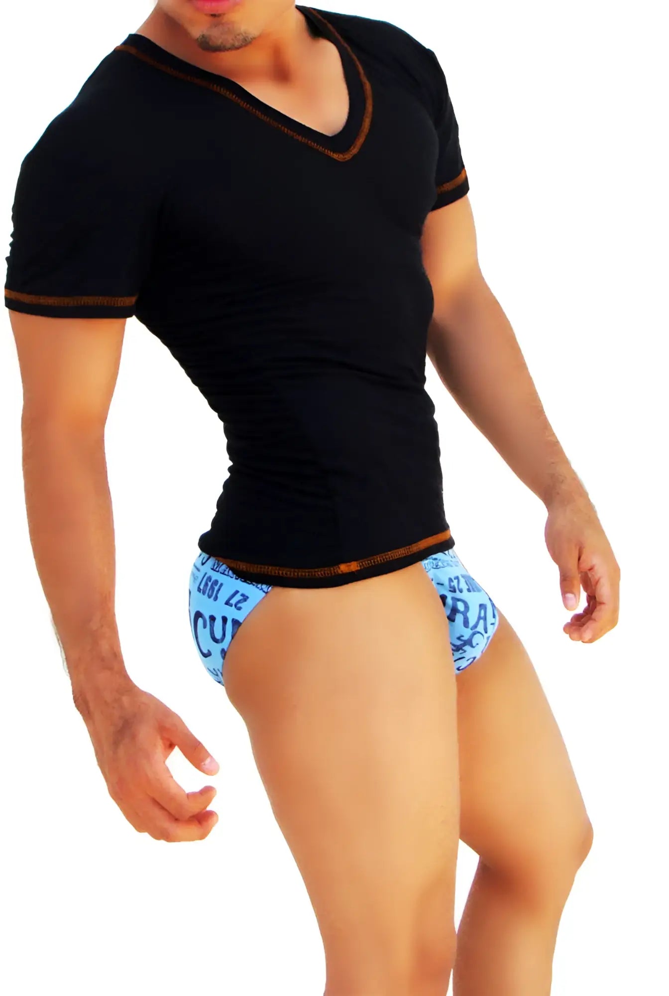 Icker Sea black v neck short sleeved t shirt with orange contrast stitching and brown trim on front side