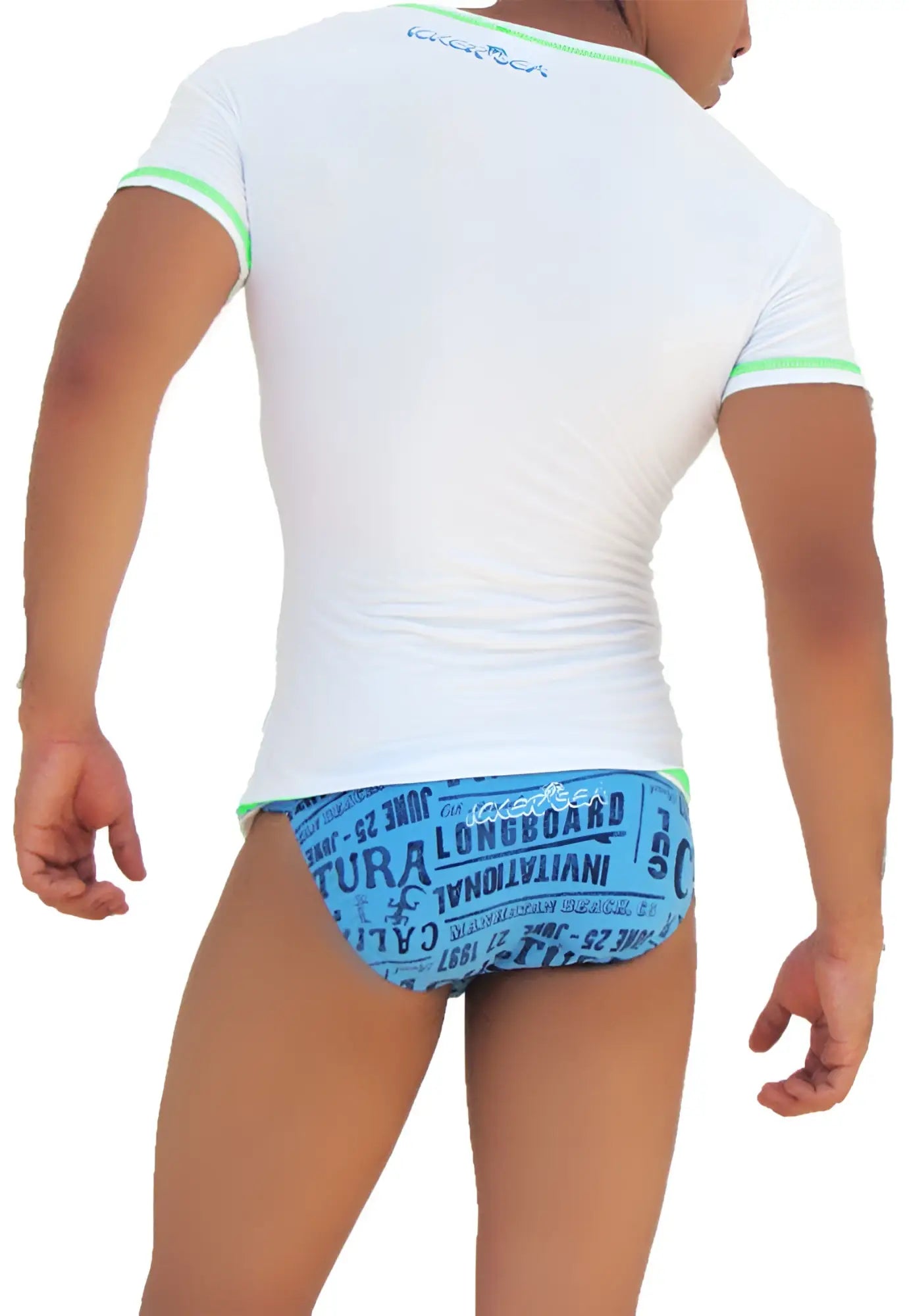 White short-sleeved rash guard with neon green trim and subtle neck logo from Icker Sea COI-S-14-WC-9
