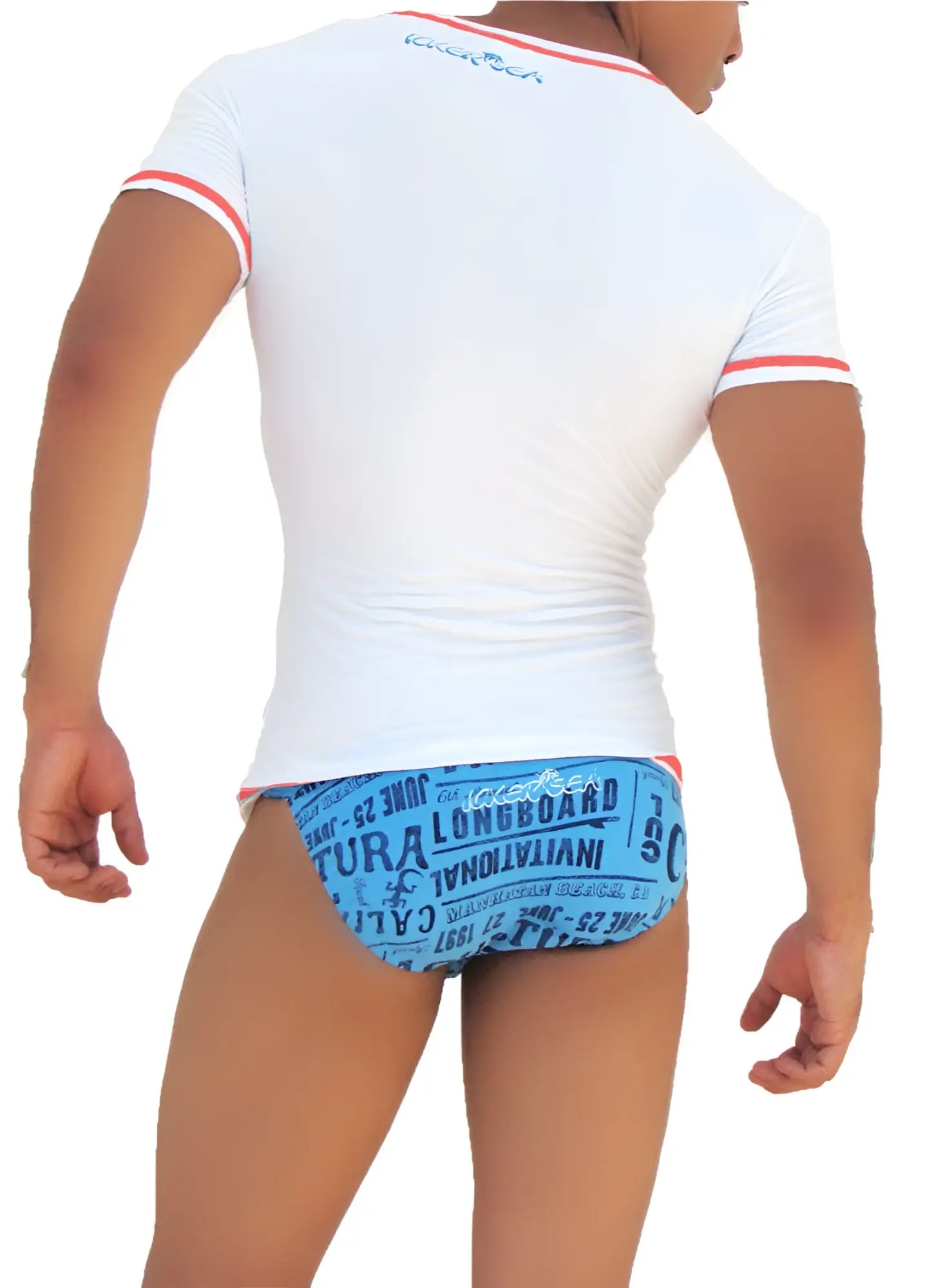 White short-sleeved v neck t shirt with orange contrast stitching and blue graphic print on the back side