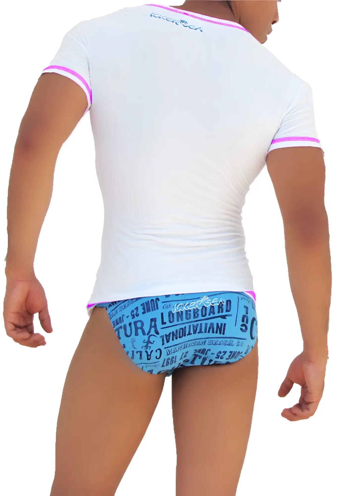 White short-sleeved rash guard with pink trim and blue graphic on lower back showing the back side of the shirt