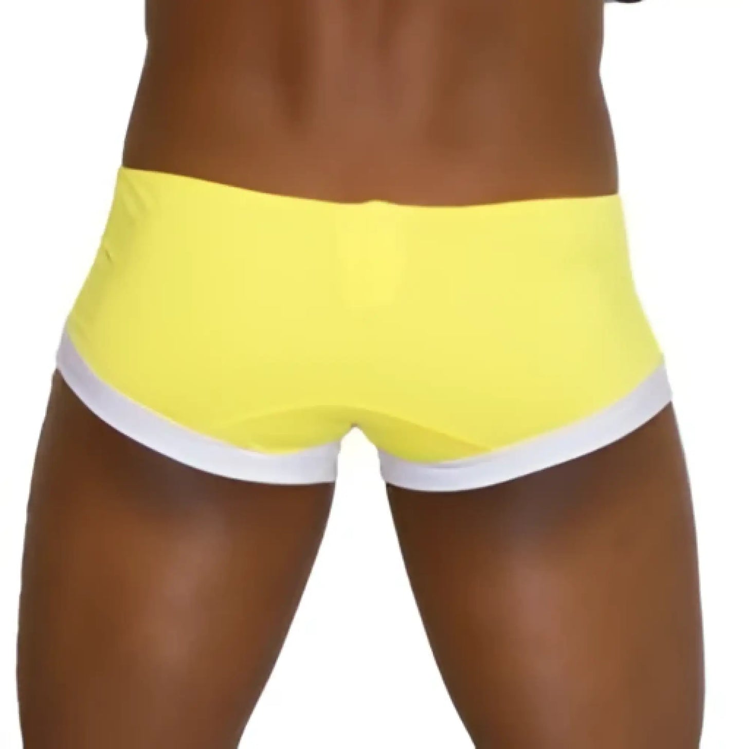 Icker Sea mango bright yellow swim trunks with white contrast trim along waistband mini square cut swimwear