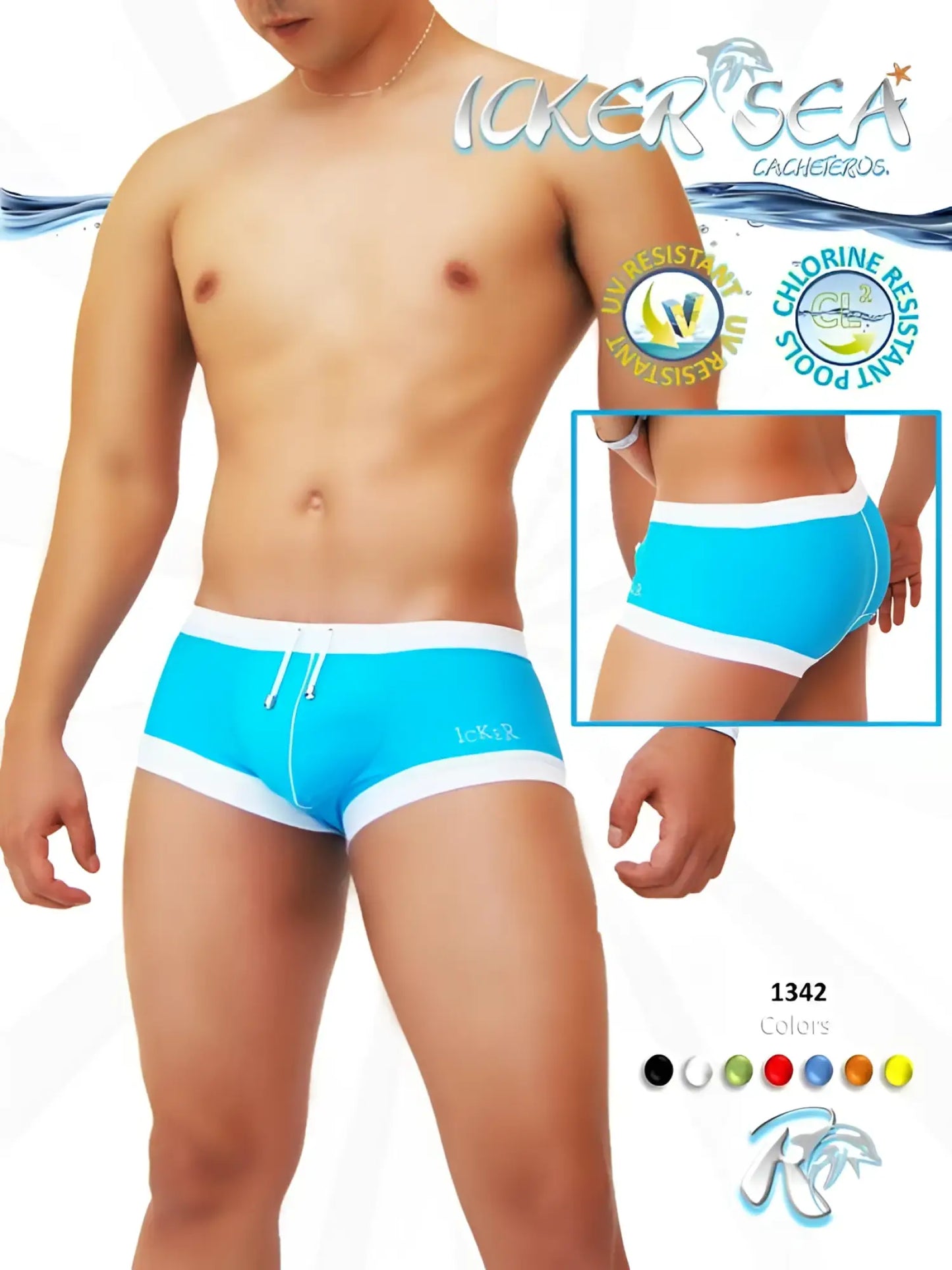 Bright turquoise icker sea square cut swim trunks with white trim and drawstring waistband for swimming