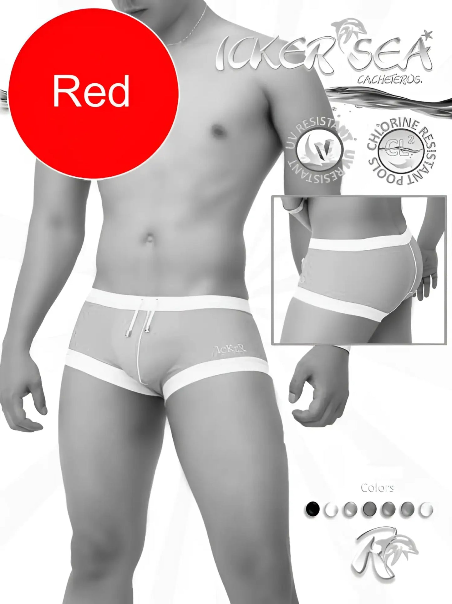 Icker sea contrast trim square cut red and white mens swim trunks with drawstring waistband for swimwear use