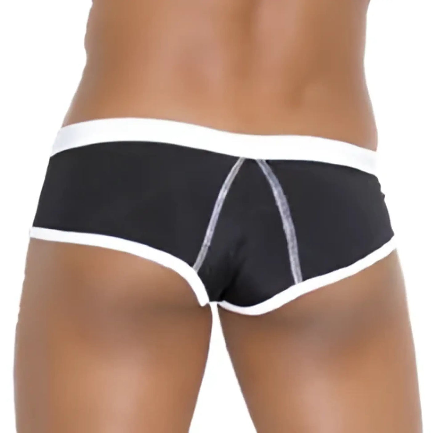 Black icker sea cheeky mini bikini briefs with white contrast trim and silver stitching for swimwear use