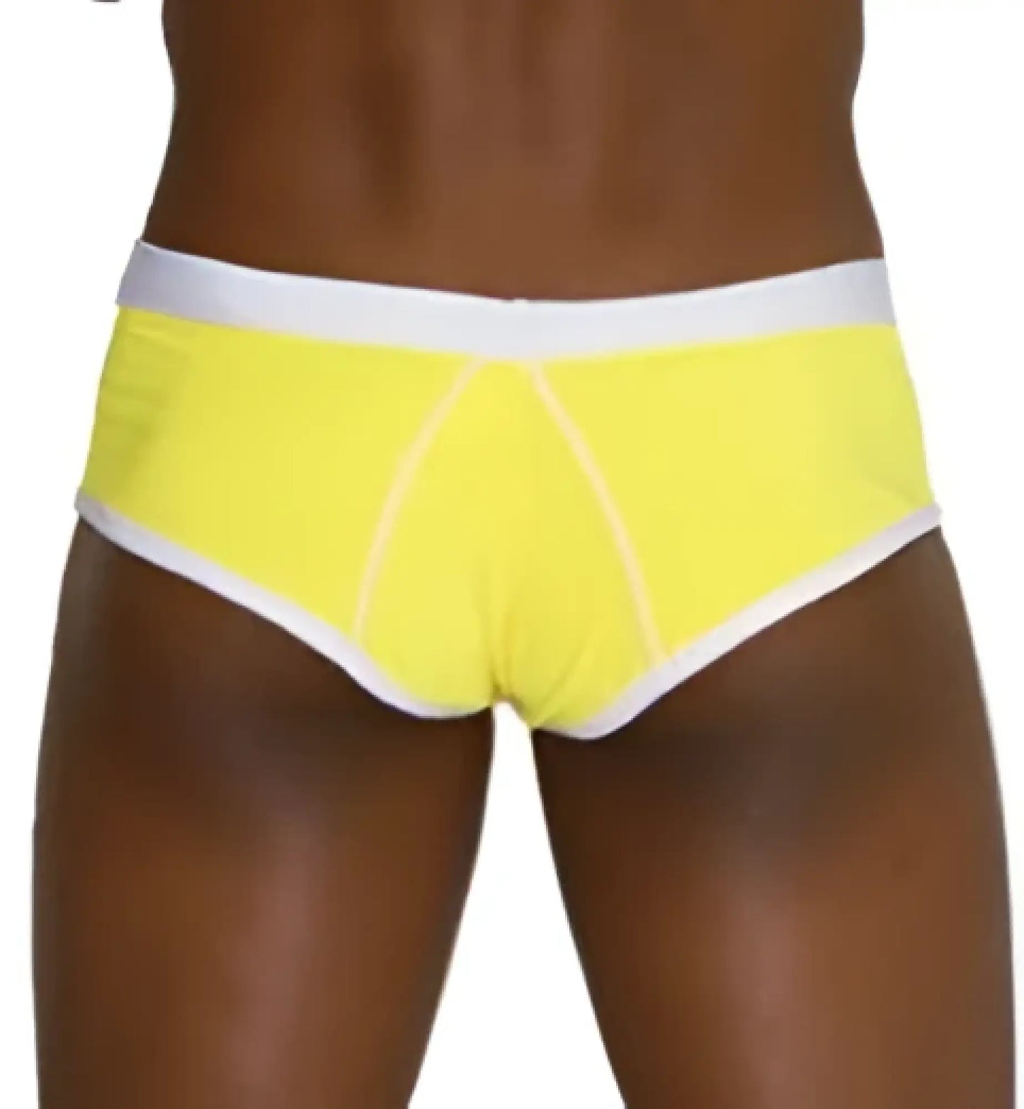 Bright yellow cheeky mini bikini briefs with white contrast trim and stitching by icker sea in mango white