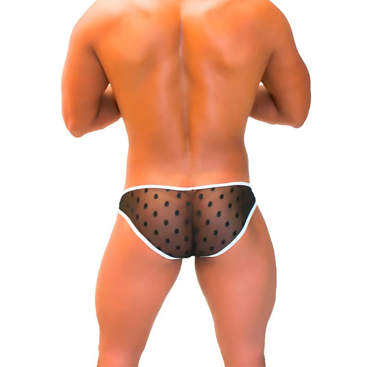 Icker Sea dotted mesh bikini underwear black with white trim sheer polka dot briefs front view