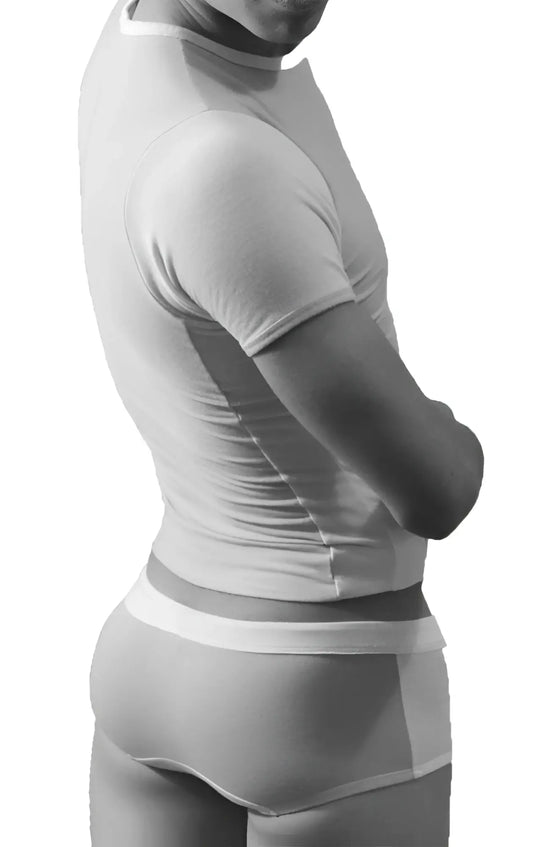 White short-sleeved fitted t-shirt with ribbed crew neckline and subtle seam detailing shown with icker sea duotone boxer brief black