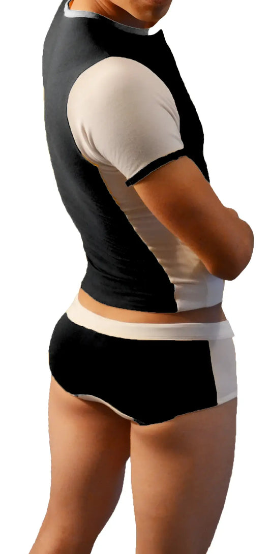 Black and white icker sea duotone matching t shirt and boxer brief set with contrasting panels for athletic wear