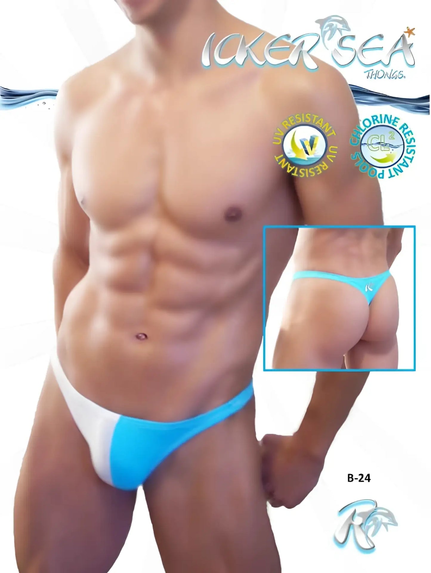 Icker Sea duotone thong swimwear in bright blue and white showing the front side design in a sleek style