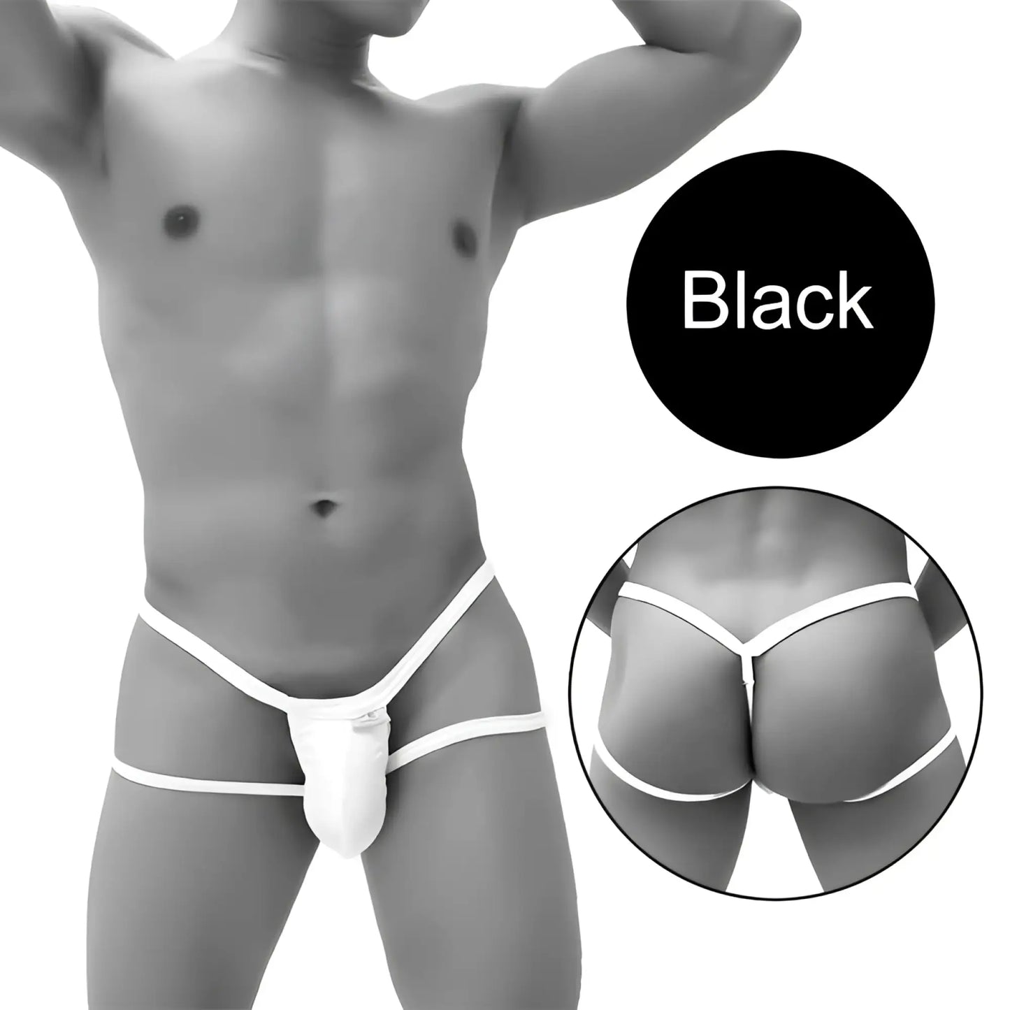 Black and white icker sea enhancement micro jock thong with supportive contoured design shown from the back side