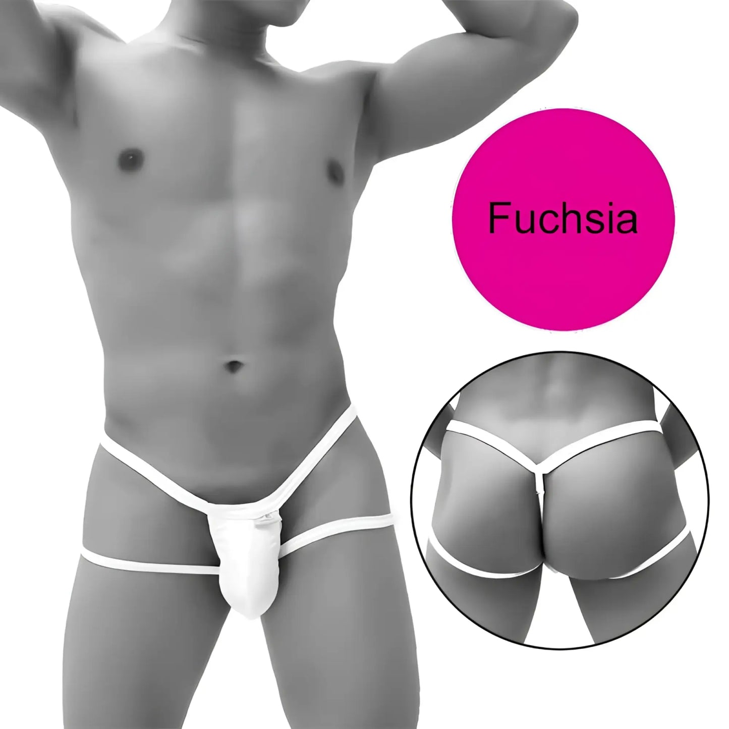 Fuchsia icker sea enhancement micro jock thong underwear with thin straps white front pouch and matching waistband