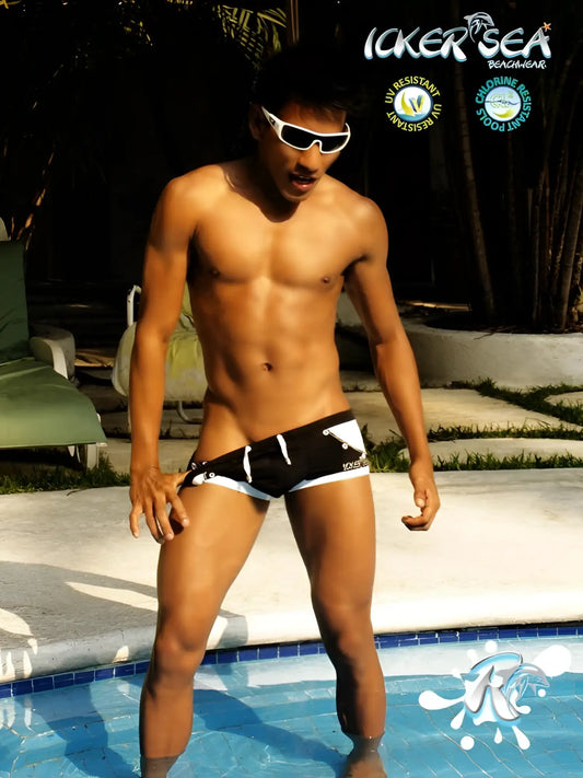 Icker sea eyelets square cut trunk swimwear black with sleek black and white design and contrasting white stripes on sides