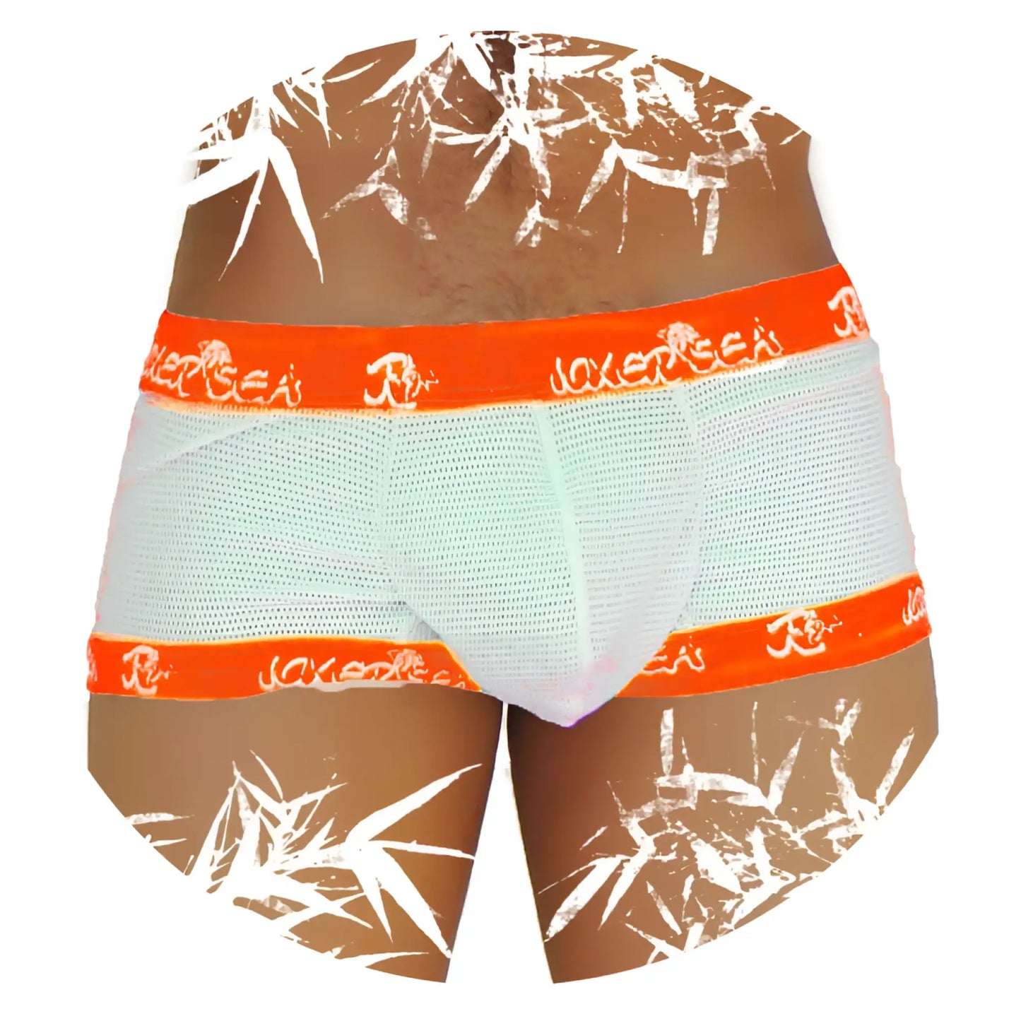Icker Sea fresh dots light blue mesh briefs with orange waistband and white bamboo leaf pattern COI-14-FD-02