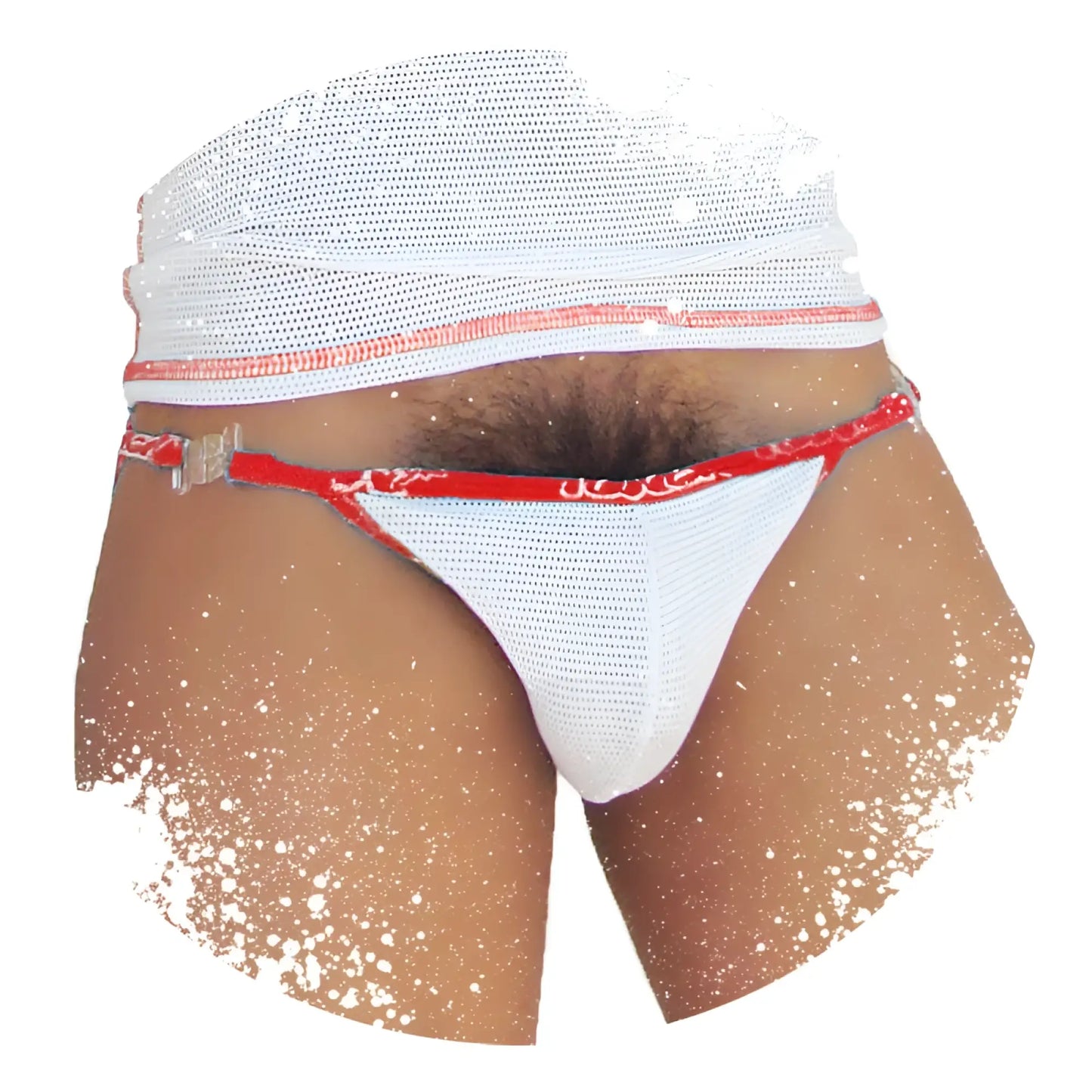 Icker Sea Fresh Dots white mesh thong bikini underwear with red trim and clear plastic buckle front view