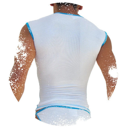 White mesh Icker Sea Fresh Dots logo trim muscle top t shirt with blue trim in breathable fabric