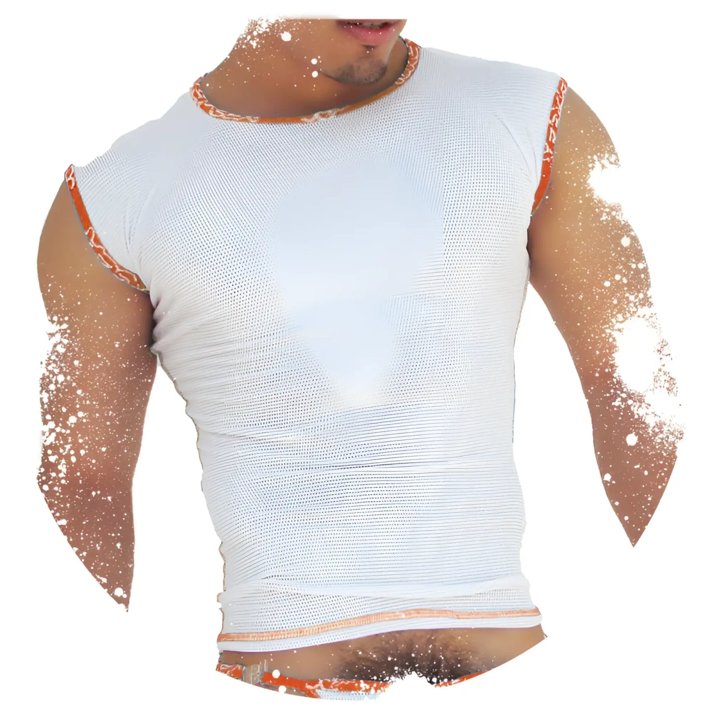 Icker Sea fresh dots logo trim muscle top sleeveless white mesh with orange trim along neckline armholes hem