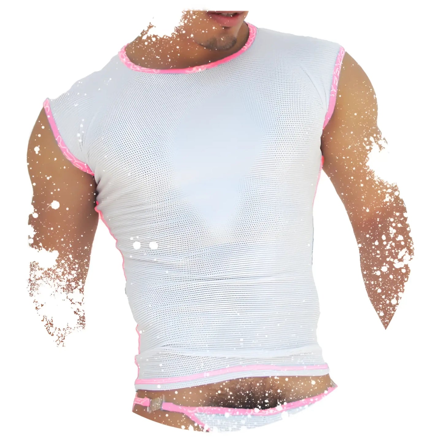 A white mesh sleeveless muscle top with pink trim along neckline armholes and hem from icker sea fresh dots