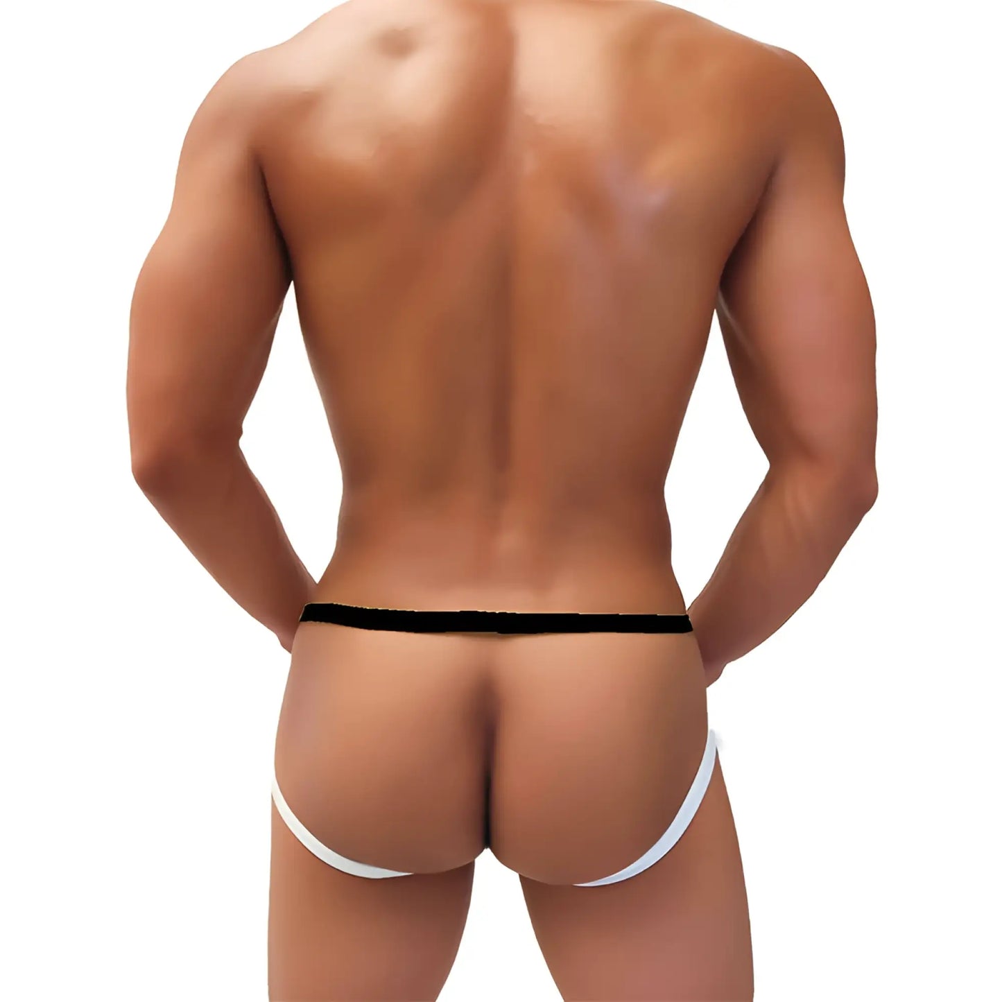 Black and white mesh jock strap underwear with narrow waistband and wide leg straps from icker sea fruitful enhancement