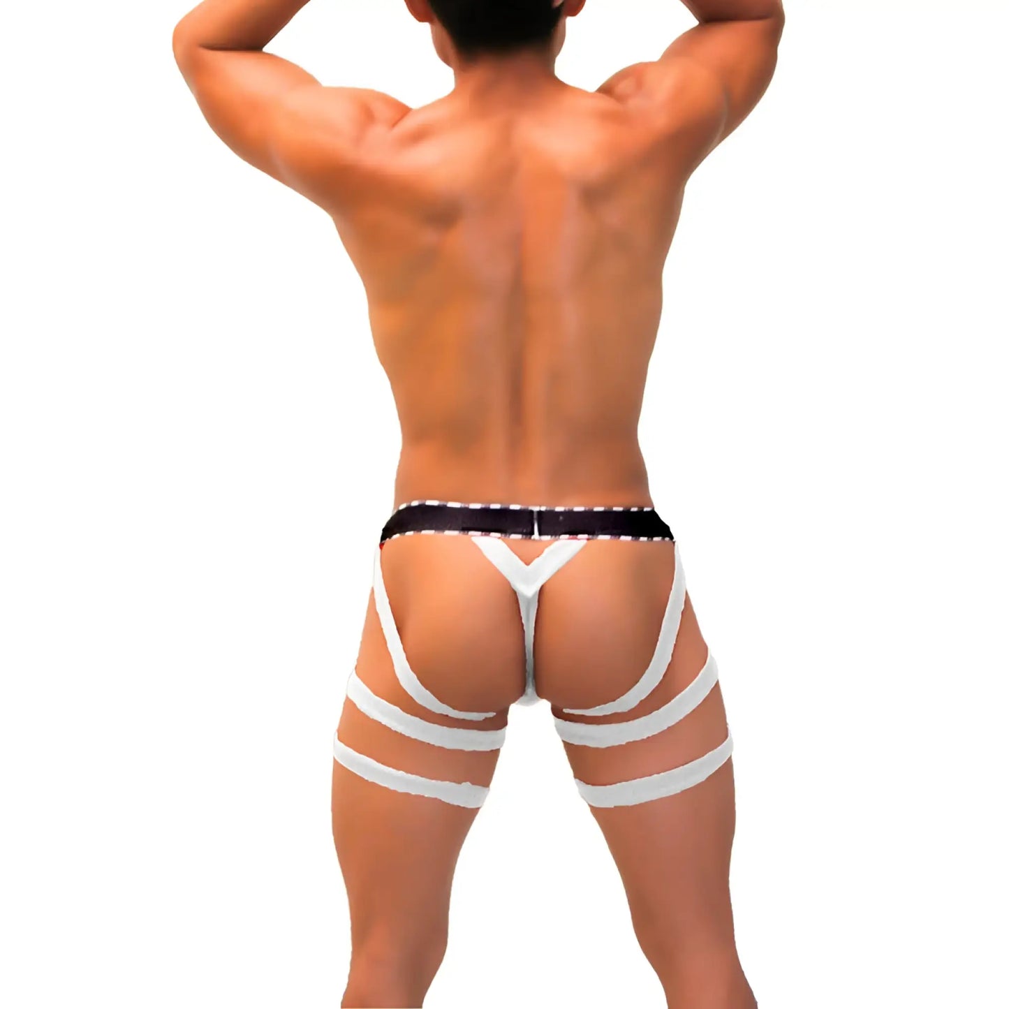 White strappy thong back view with black waistband and white straps across hips and thighs icker sea garter y back g string underwear