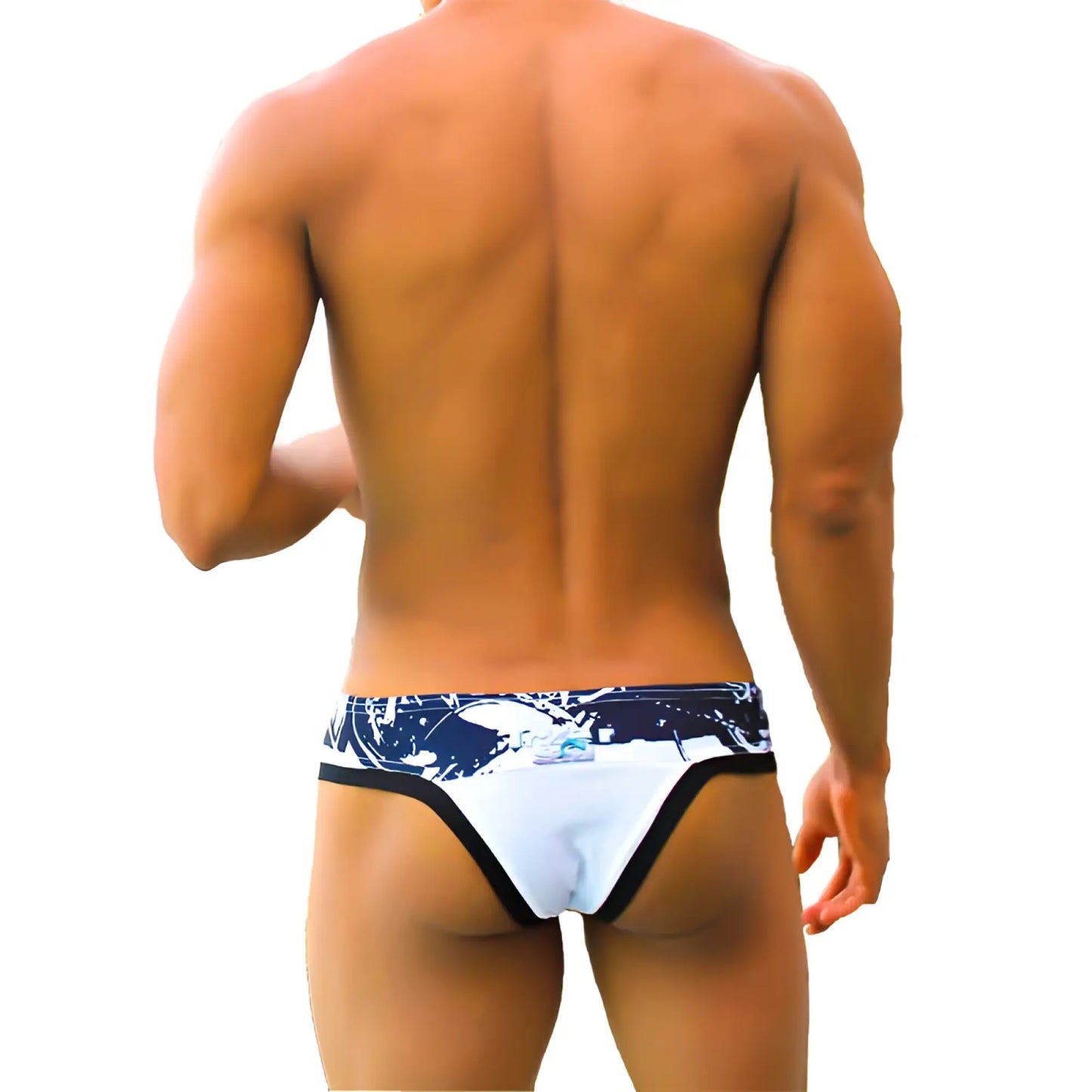 Icker Sea graffiti macro contrast trim thong swimwear in white and black with a white and navy blue patterned swim trunk design