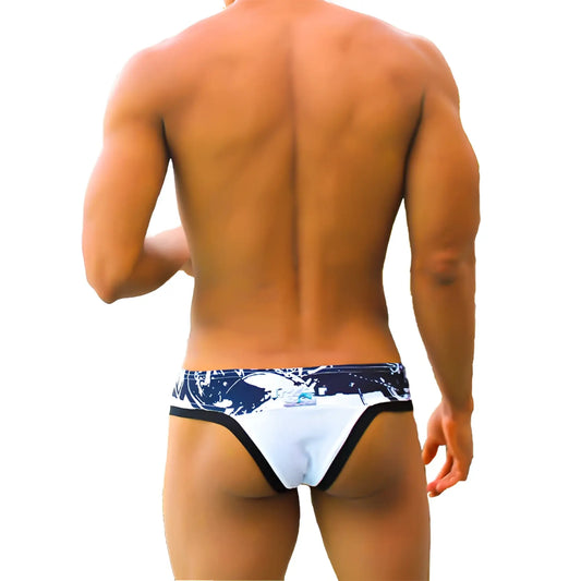 Icker Sea graffiti macro contrast trim thong swimwear in white and black with a white and navy blue patterned swim trunk design