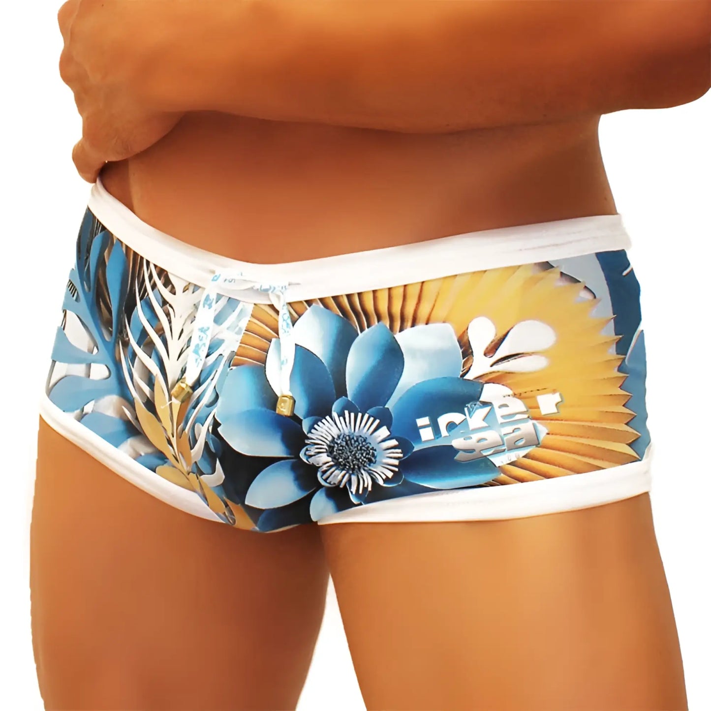 Icker Sea Greek floral mesh side square cut swim trunks in blue and gold with white trim for tropical wear